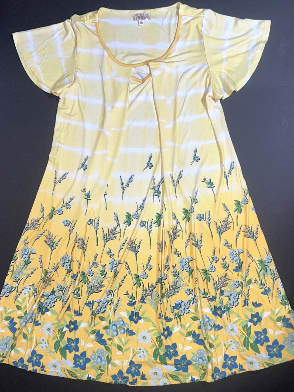 One World Let Live Yellow Floral Flower Spring Tie-Dyed Striped Stretch Dress M